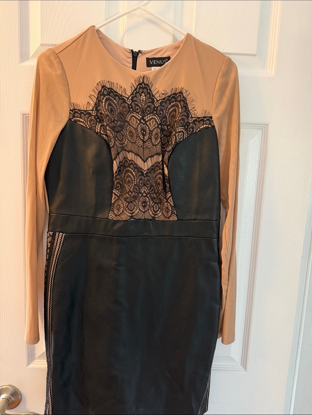VENUS Nude and Black Lace-Inset Long Sleeve Sheath Dress